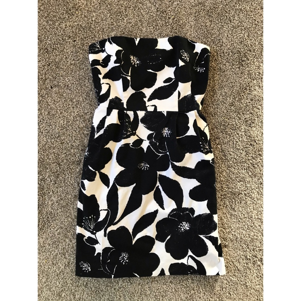 Black/White Floral Structured Strapless Dress